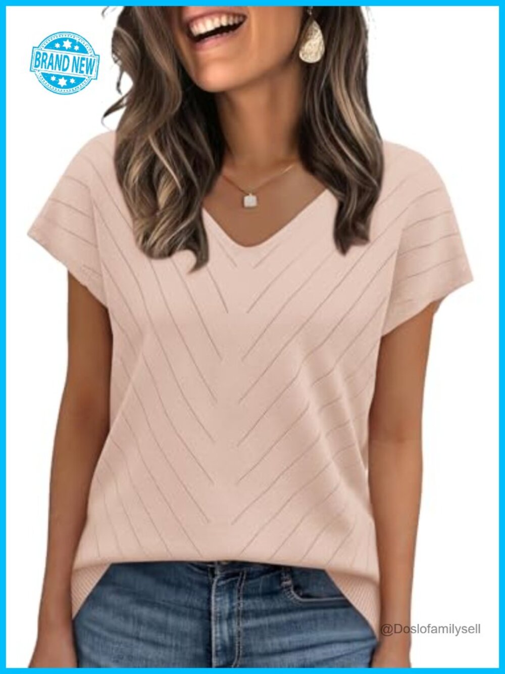 Womens Short Sleeve V Neck Sweater Lightweight Knit Pullover